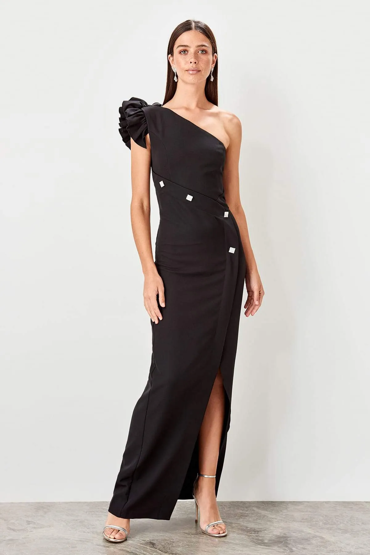 10791 Black One Shoulder Slit Dress