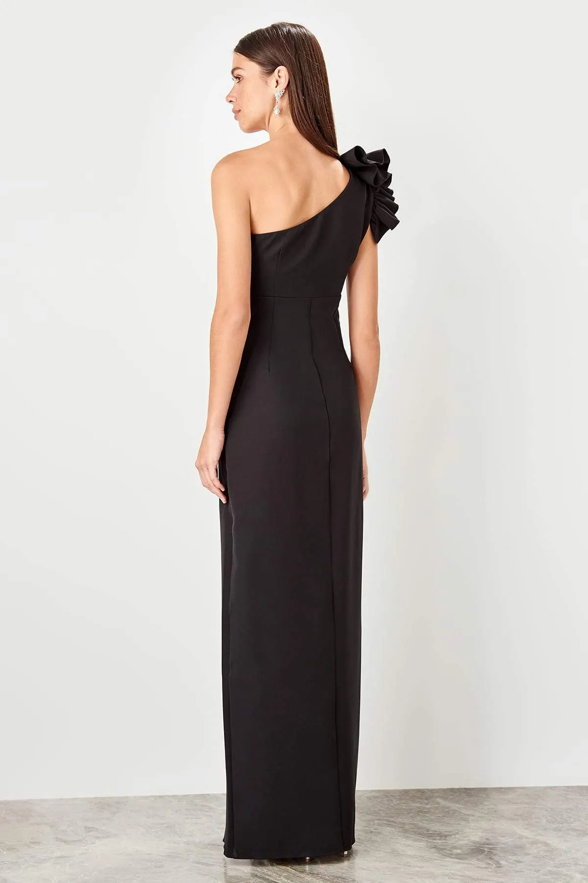 10791 Black One Shoulder Slit Dress