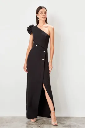 10791 Black One Shoulder Slit Dress