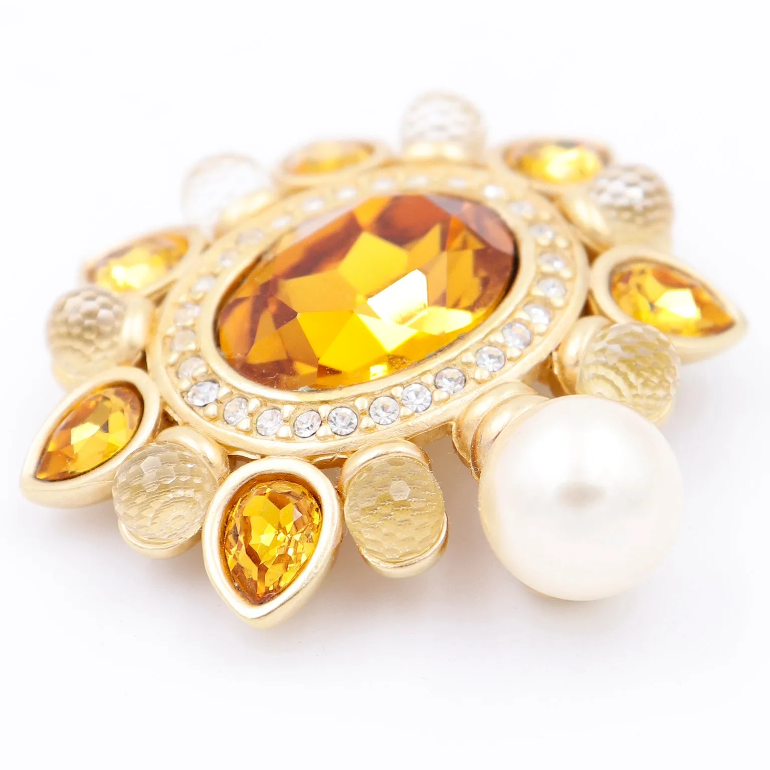 1990s Swarovski Faceted Amber & Clear Crystal Brooch w Pearl Drop