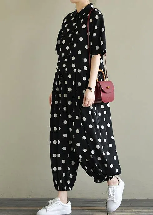 2019 Fine black dotted lapel half sleeve jumpsuit pants