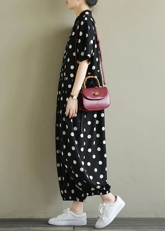 2019 Fine black dotted lapel half sleeve jumpsuit pants