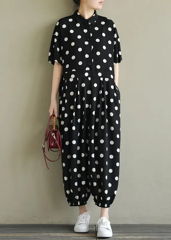 2019 Fine black dotted lapel half sleeve jumpsuit pants