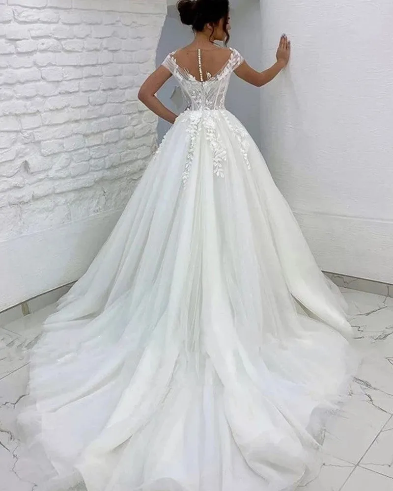 3D Flowers Off The Shoulder Bridal A Line Sweep Train Wedding Gown