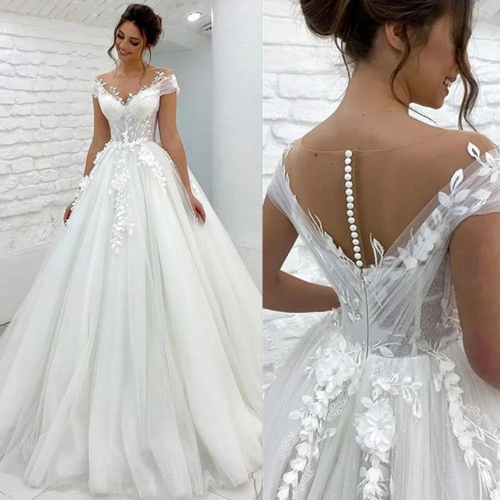 3D Flowers Off The Shoulder Bridal A Line Sweep Train Wedding Gown