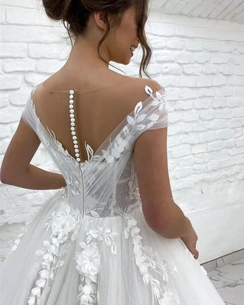 3D Flowers Off The Shoulder Bridal A Line Sweep Train Wedding Gown