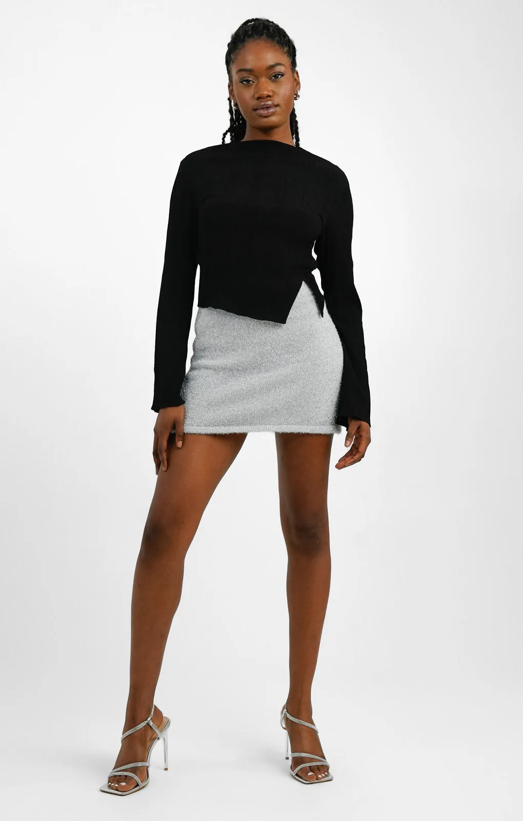 4th & Reckless Knitted Side Split Mini Skirt Co-Ord In Silver Tinsel