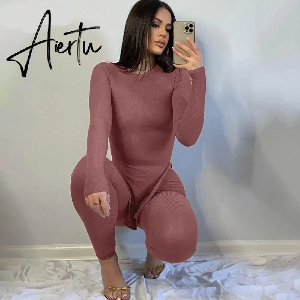 Aiertu Long Sleeve O-Neck Skinny Stretchy Solid Print Jumpsuit Summer Women Fashion Streetwear Romper