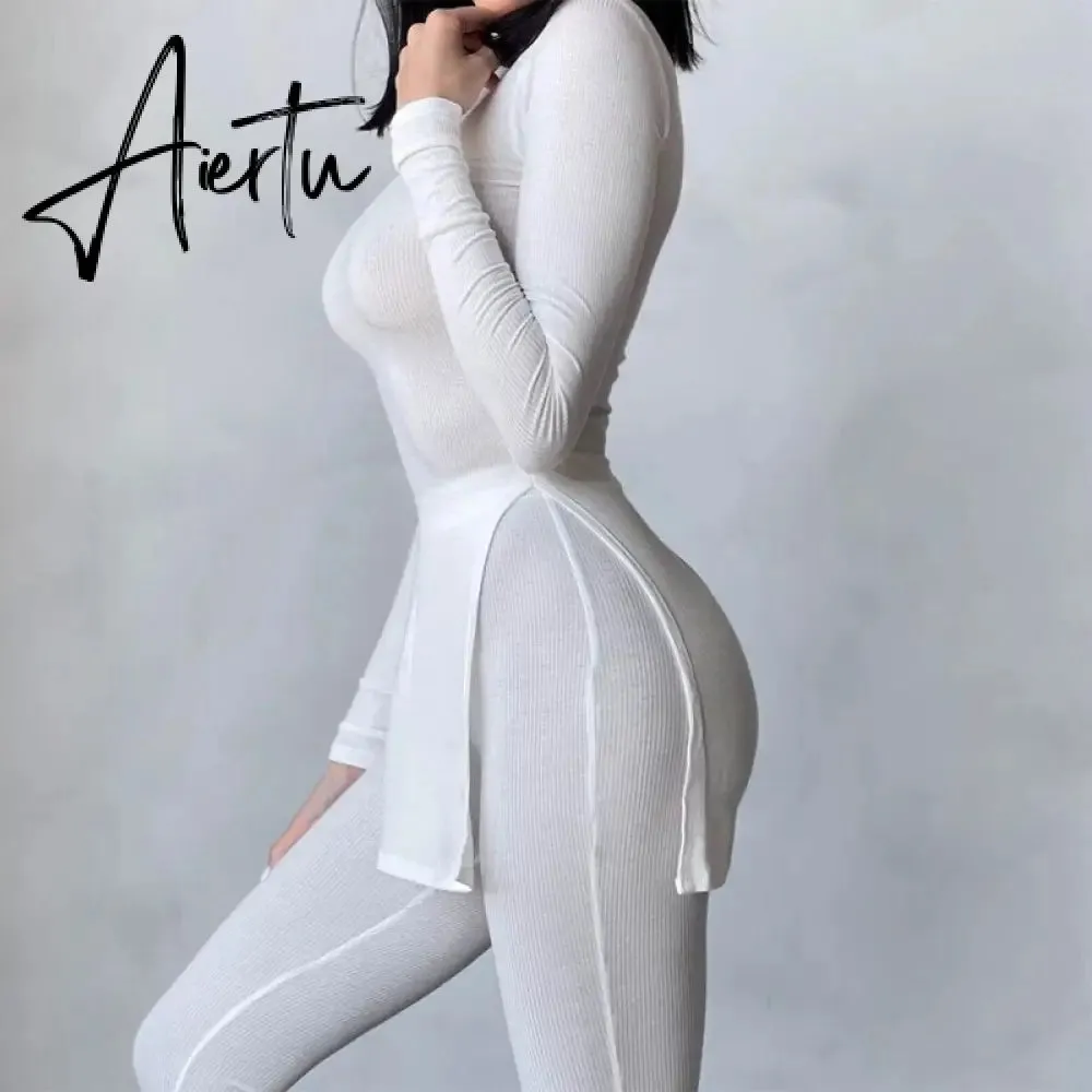 Aiertu Long Sleeve O-Neck Skinny Stretchy Solid Print Jumpsuit Summer Women Fashion Streetwear Romper