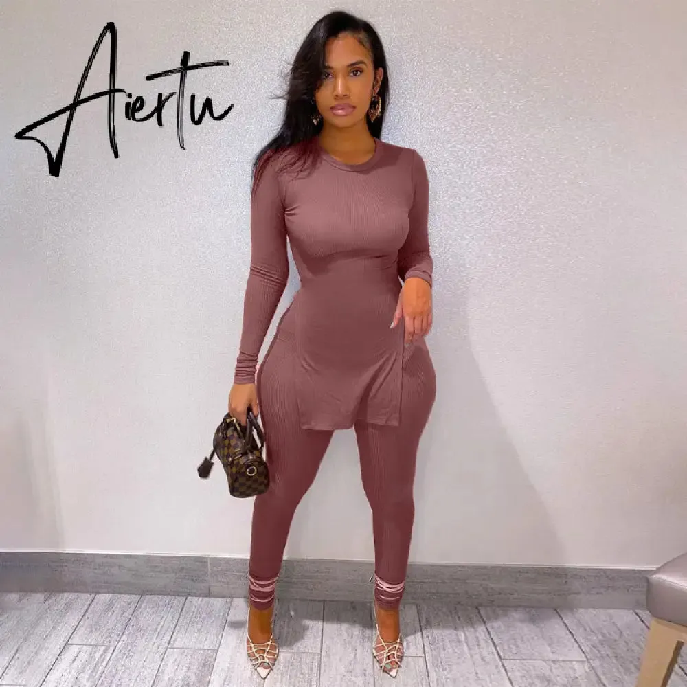 Aiertu Long Sleeve O-Neck Skinny Stretchy Solid Print Jumpsuit Summer Women Fashion Streetwear Romper