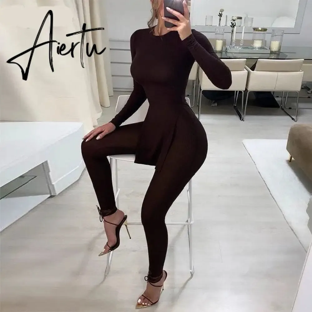 Aiertu Long Sleeve O-Neck Skinny Stretchy Solid Print Jumpsuit Summer Women Fashion Streetwear Romper