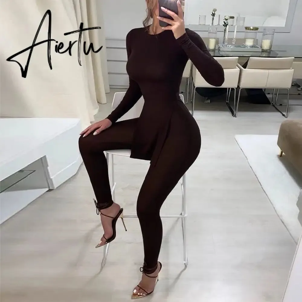 Aiertu Long Sleeve O-Neck Skinny Stretchy Solid Print Jumpsuit Summer Women Fashion Streetwear Romper