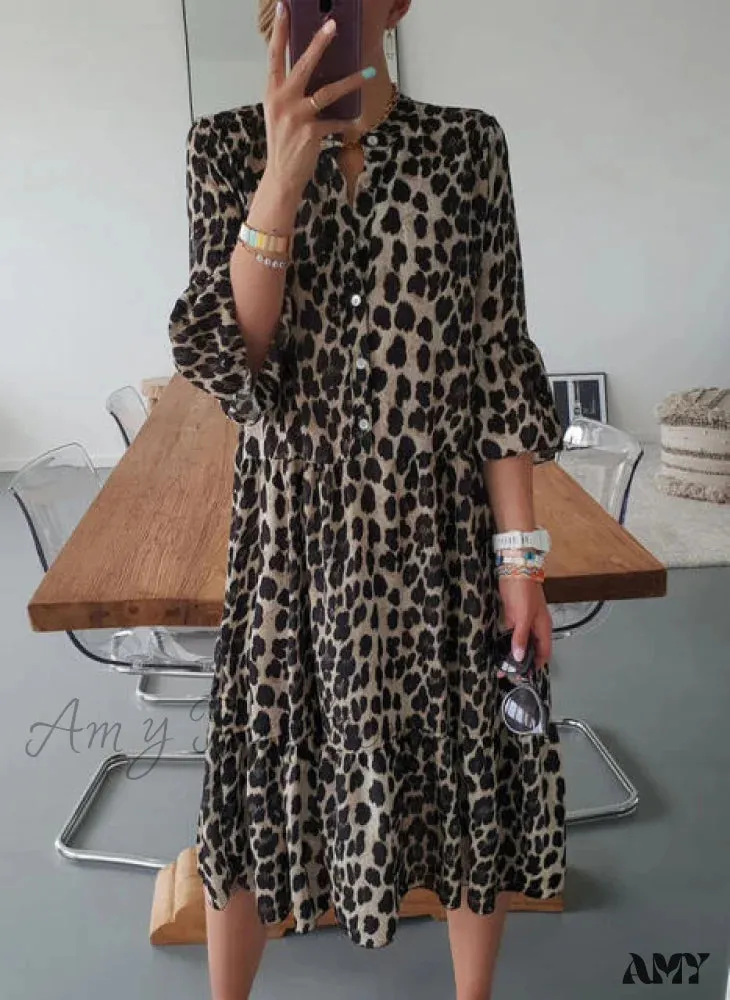 Amy Fashion - Print Mid-Sleeve Long Print Temperament All-Match Dress