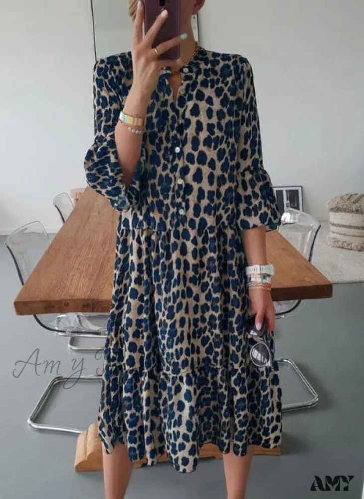 Amy Fashion - Print Mid-Sleeve Long Print Temperament All-Match Dress