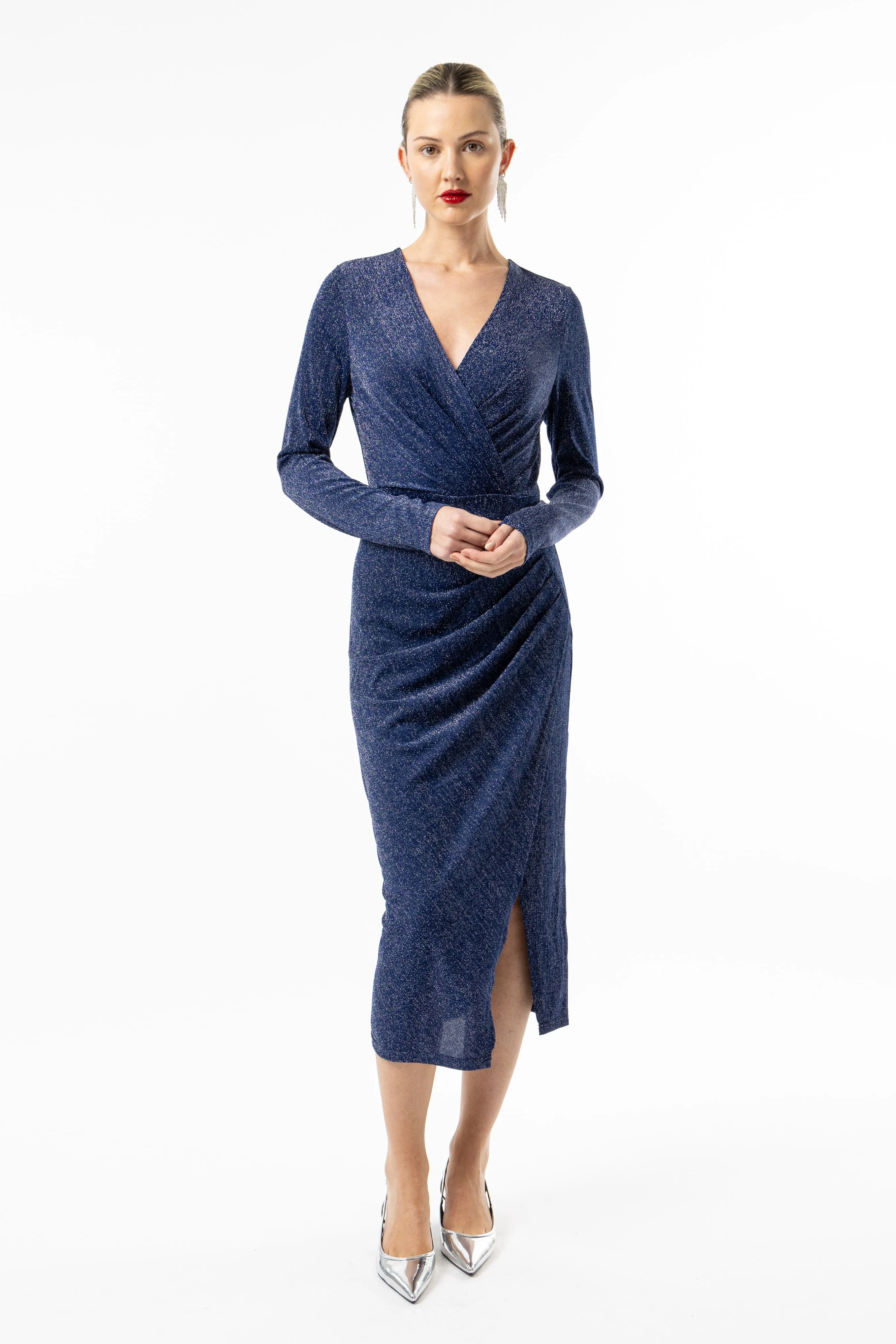 Angeleye Metallic Long Sleeve Faux Wrap Midi Dress