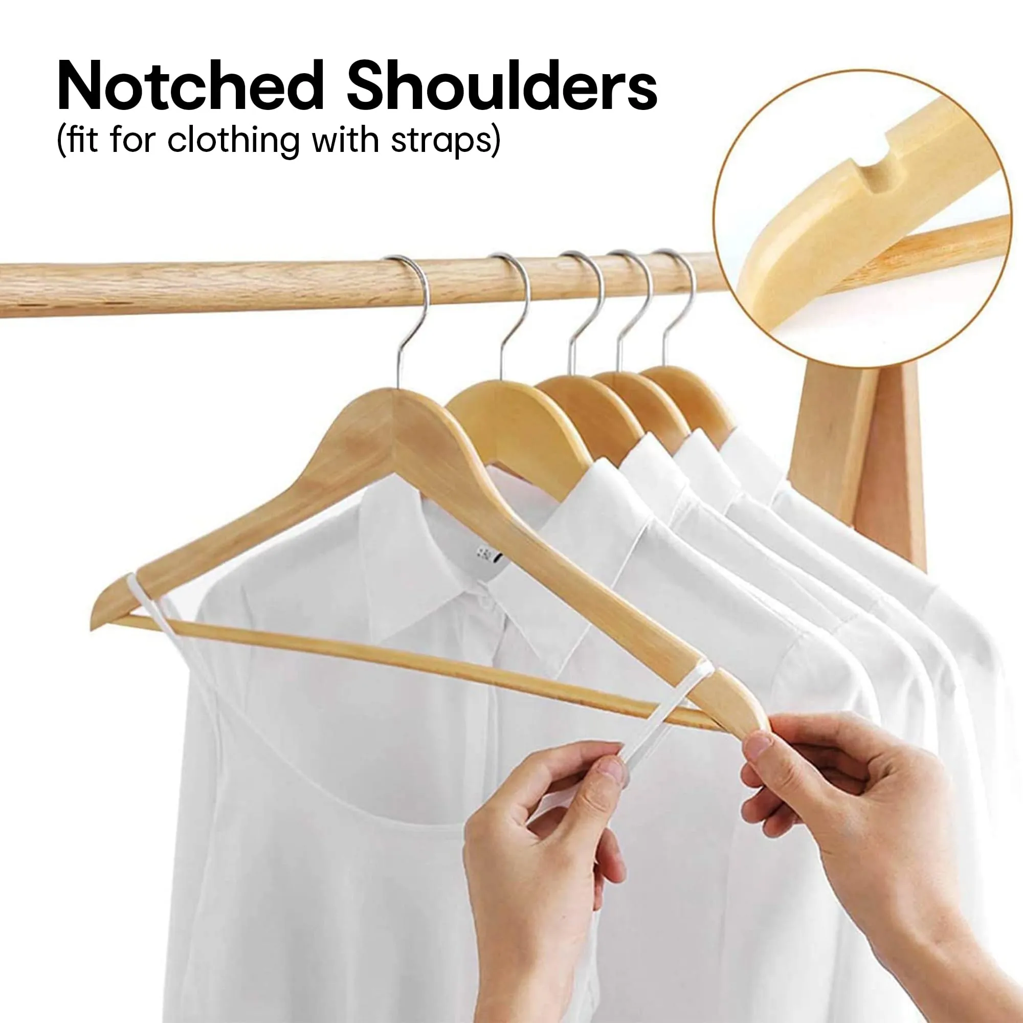 Anko Reinforced Zero SAG Wooden Hangers - Set of 6 | Chrome Plated Metal Hook Slim Hanger | Non-Slip | Retain Shape No Marks | Organise Suits, Coats, Shirts, Dresses, Jackets | 23 x 41 x 1.2 cm