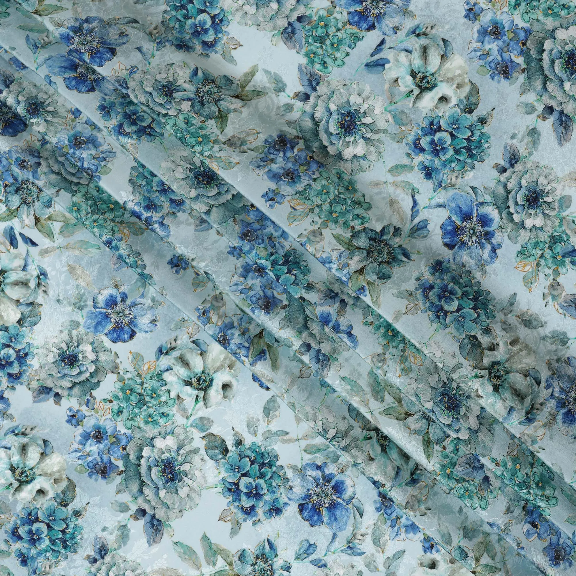 Aqua Blue Viscose Crepe Printed Fabric with Blue and Green Floral Design, 110 cm Width-D20457