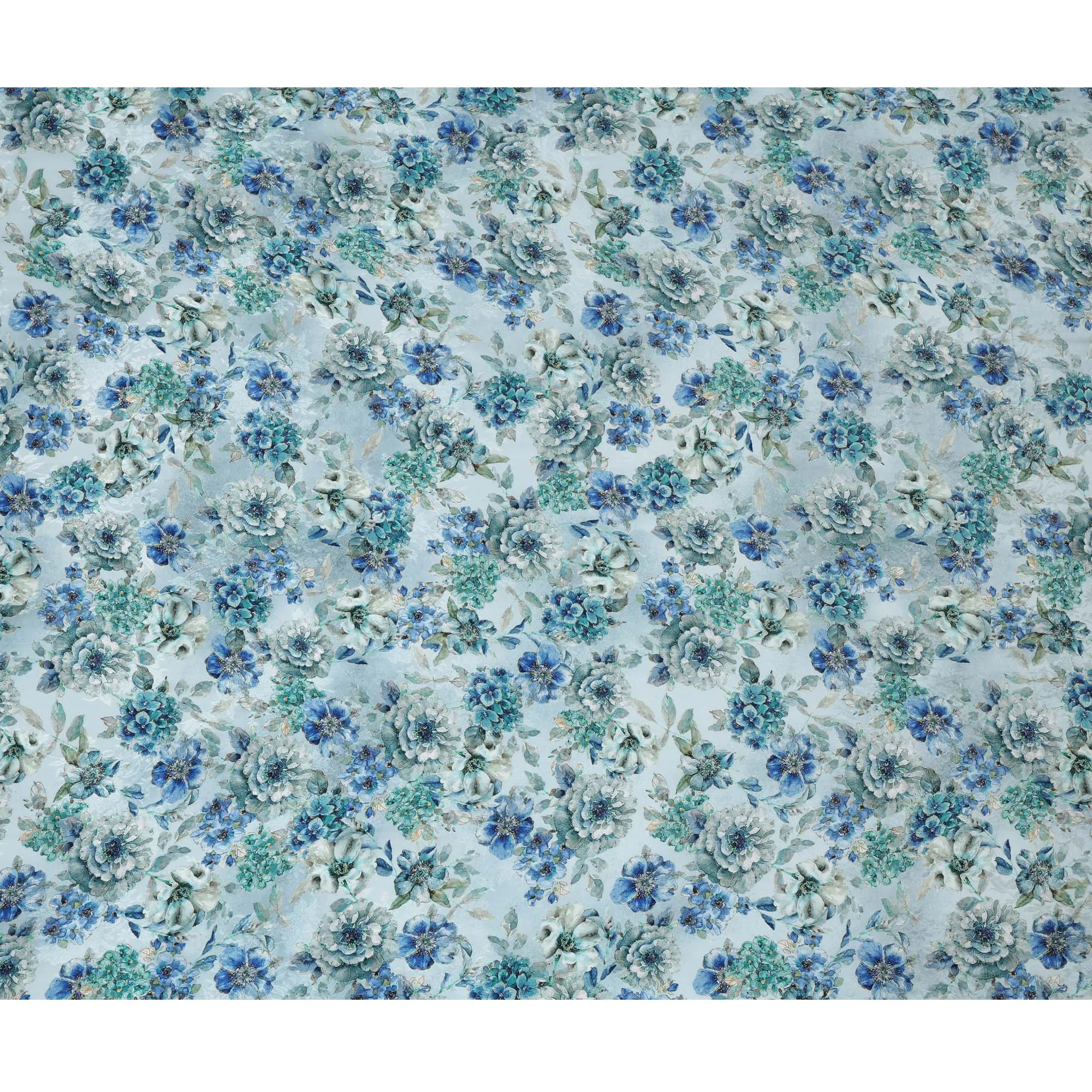 Aqua Blue Viscose Crepe Printed Fabric with Blue and Green Floral Design, 110 cm Width-D20457