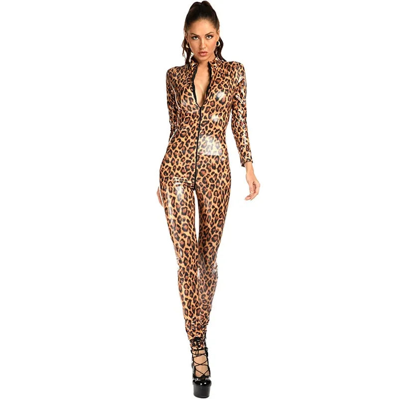 AshoreShop Womens Leopard Faux Leather Sexy Jumpsuit Wetlook