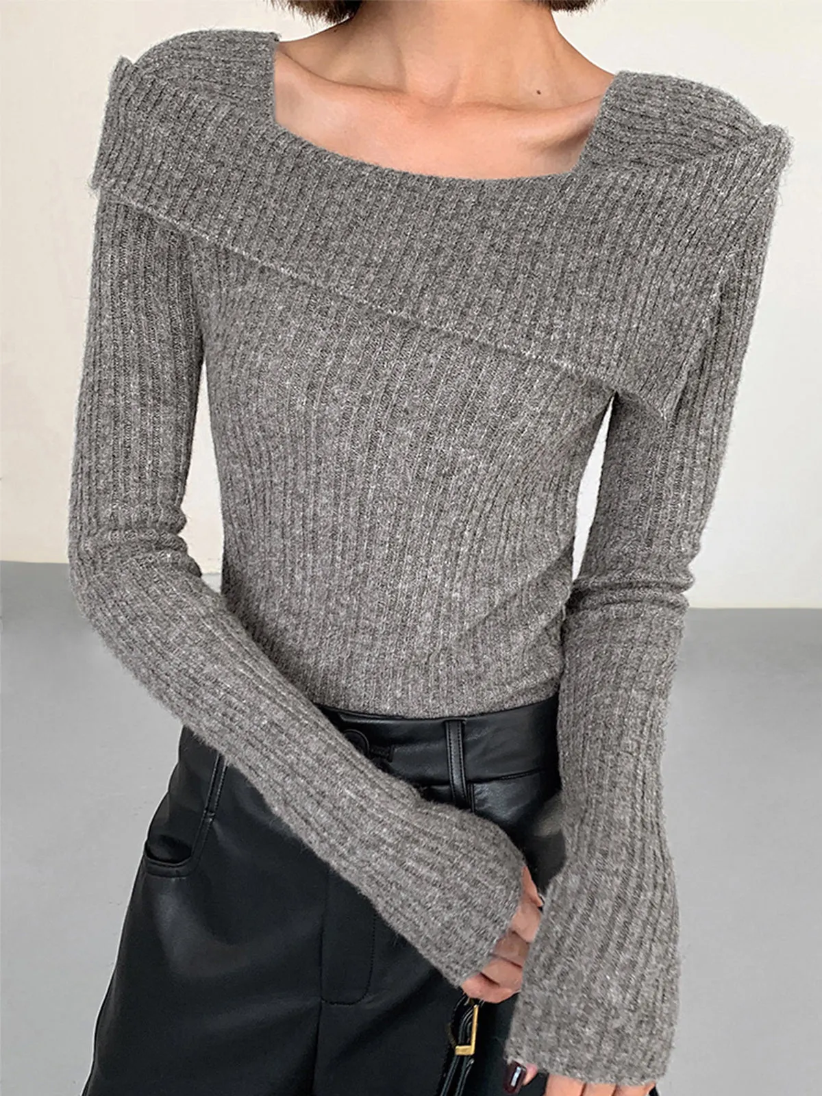 Asymmetric Overfold Square Neck Modern Long Sleeve Knit Top