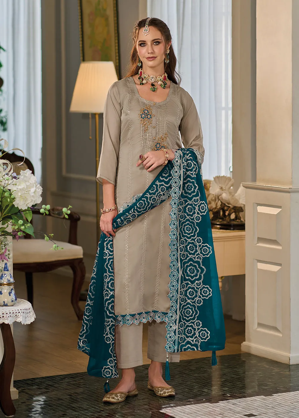 Attractive Beige Soft Organza Embroidered Eid Wear Salwar Suit