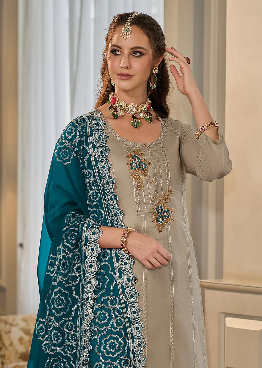 Attractive Beige Soft Organza Embroidered Eid Wear Salwar Suit