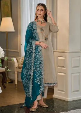 Attractive Beige Soft Organza Embroidered Eid Wear Salwar Suit