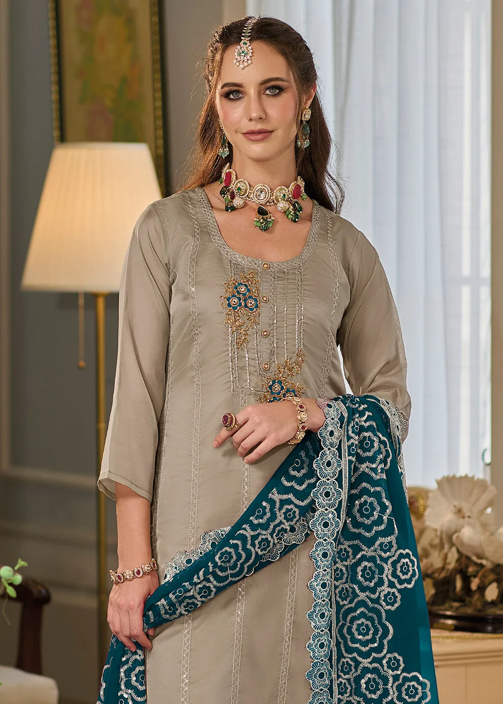 Attractive Beige Soft Organza Embroidered Eid Wear Salwar Suit