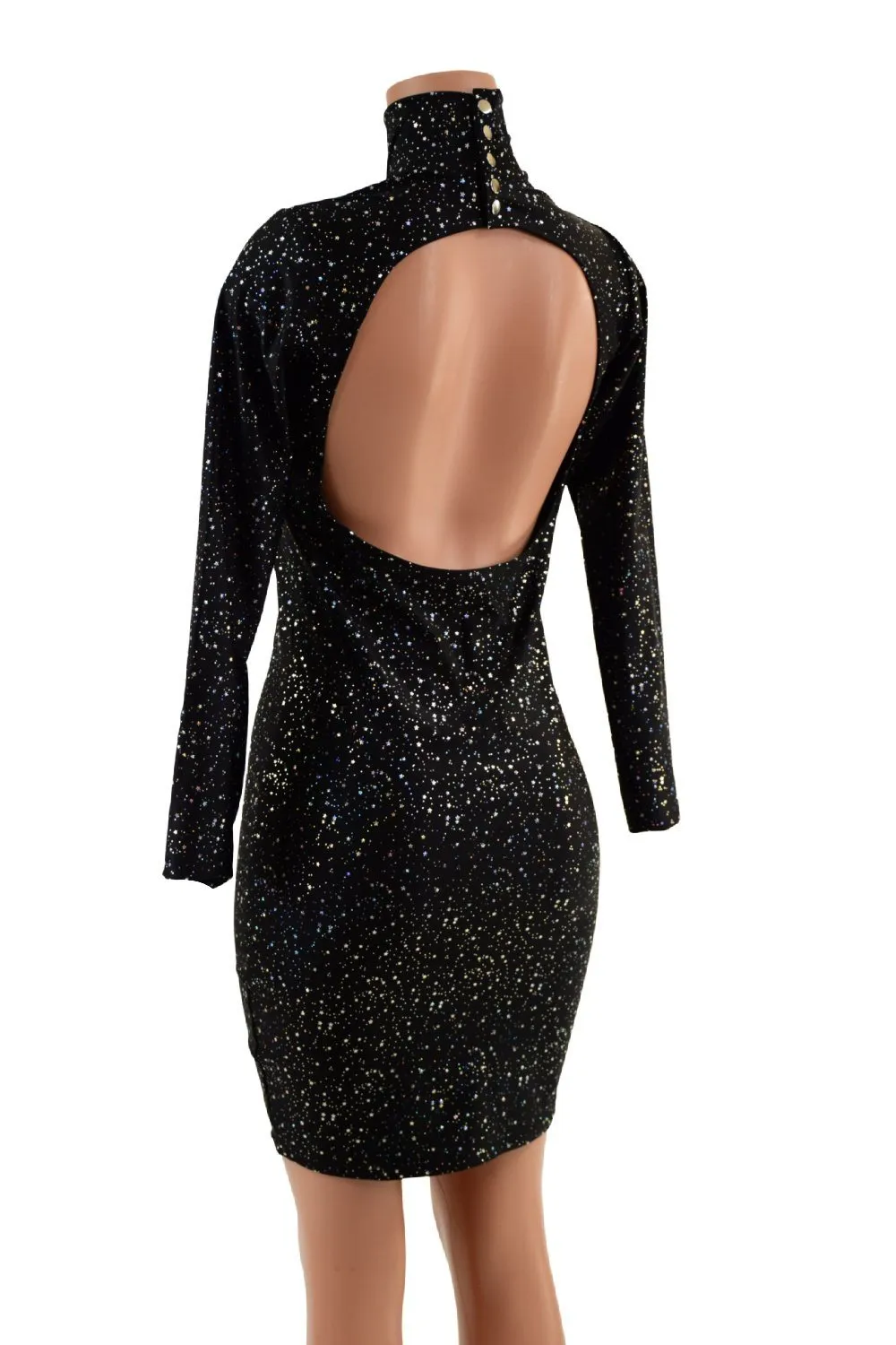 Backless Star Noir Bodycon Dress with Snap Back Turtleneck