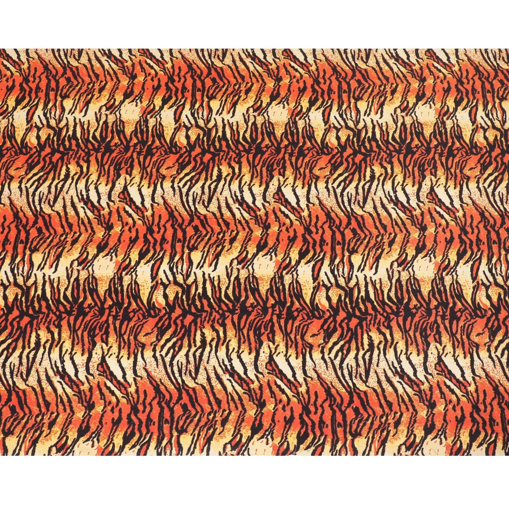 Beige premium pure silk crepe fabric with orange and black print in animal skin design-D9389