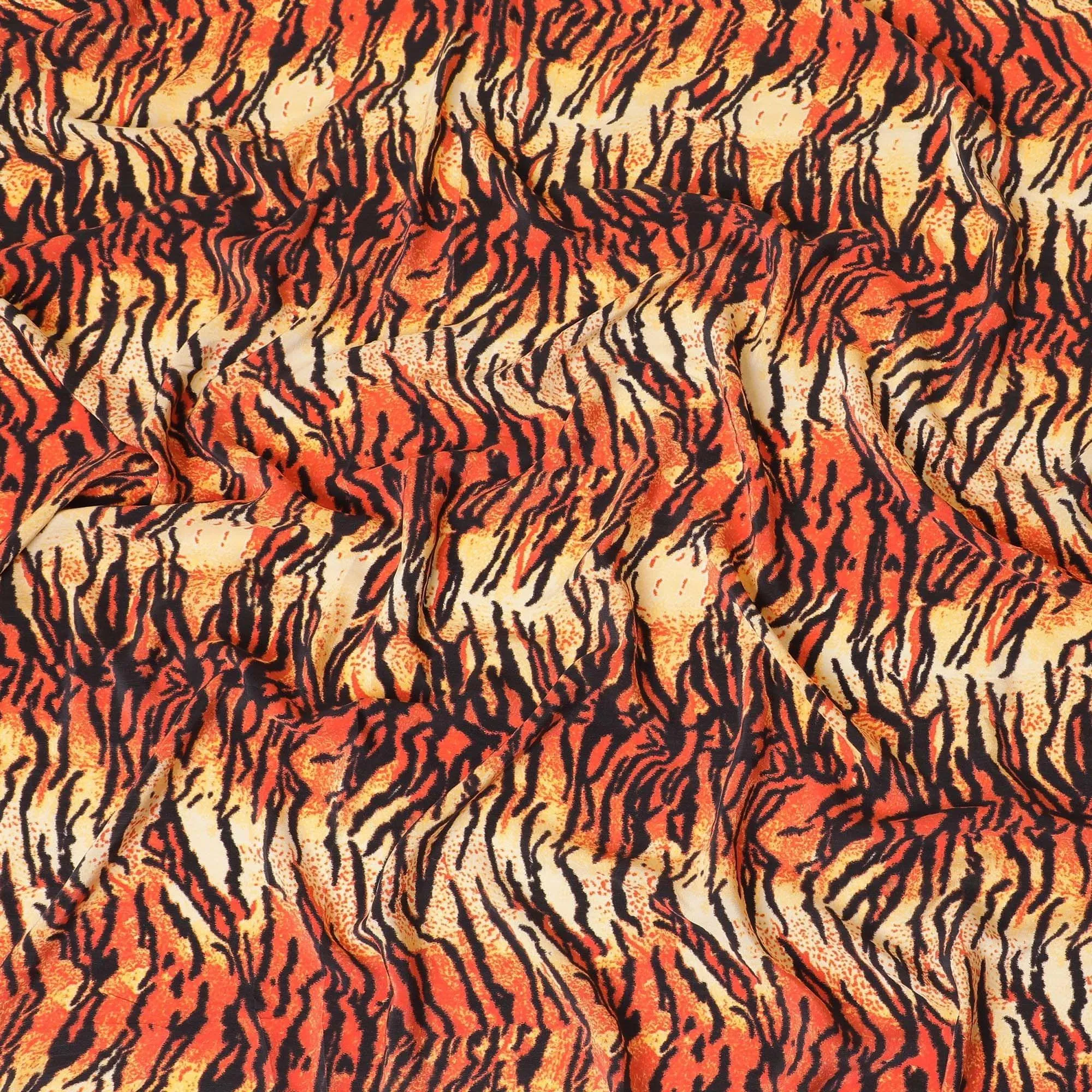 Beige premium pure silk crepe fabric with orange and black print in animal skin design-D9389