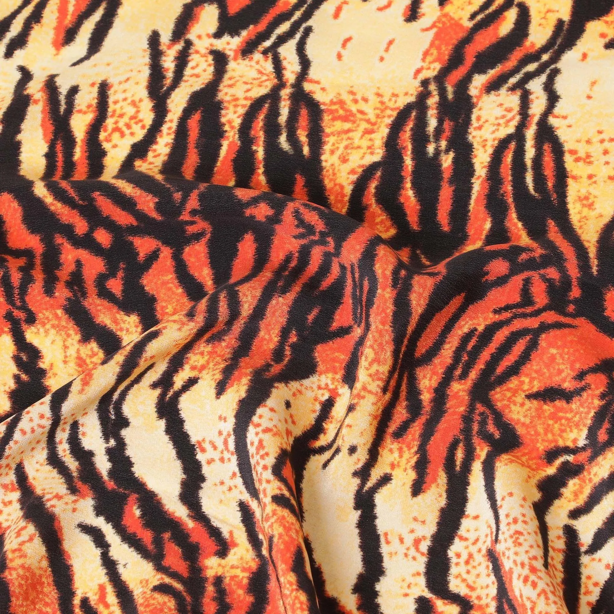 Beige premium pure silk crepe fabric with orange and black print in animal skin design-D9389