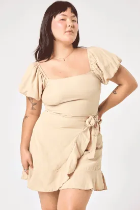 Beige Puff Sleeve Wrap Dress