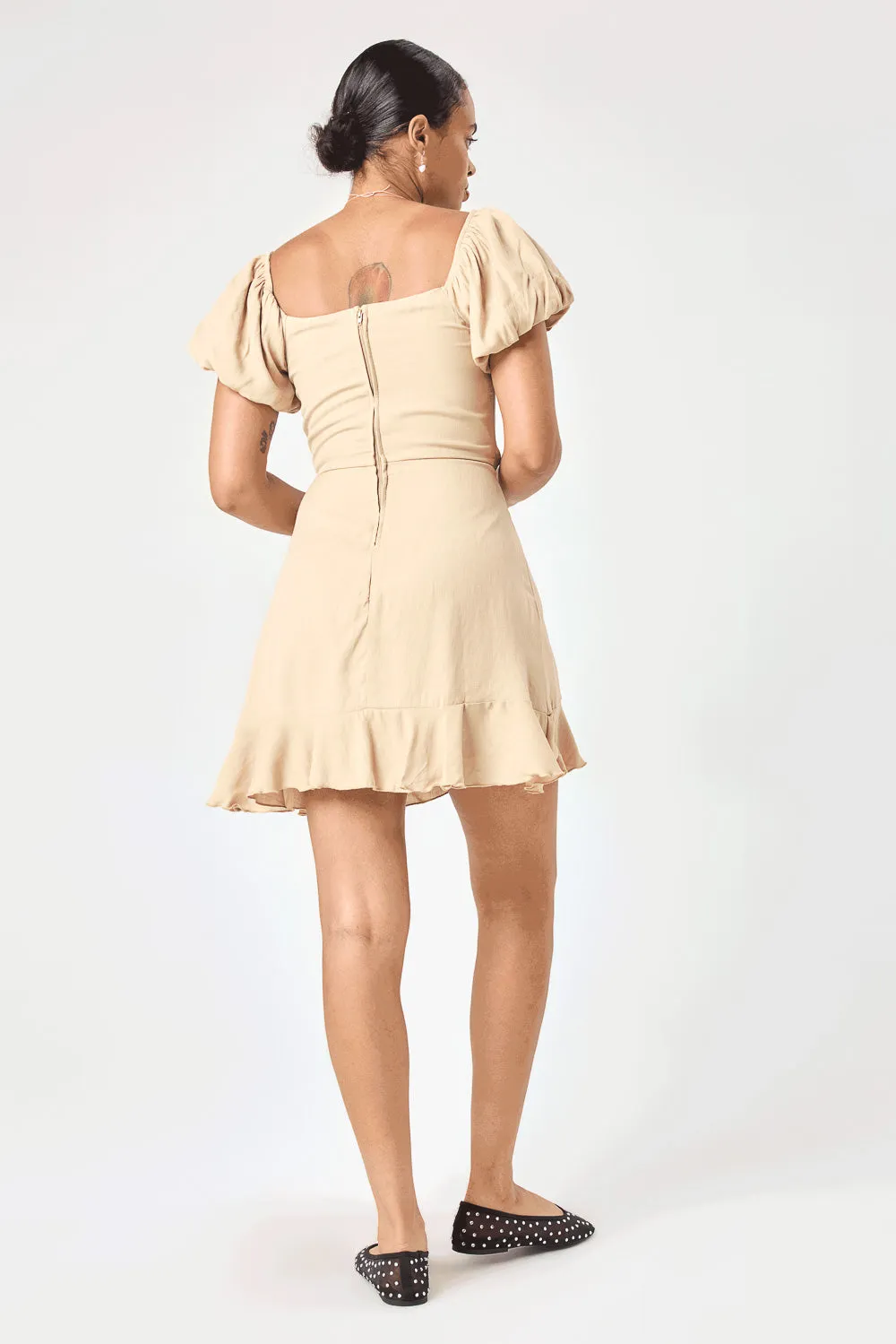 Beige Puff Sleeve Wrap Dress