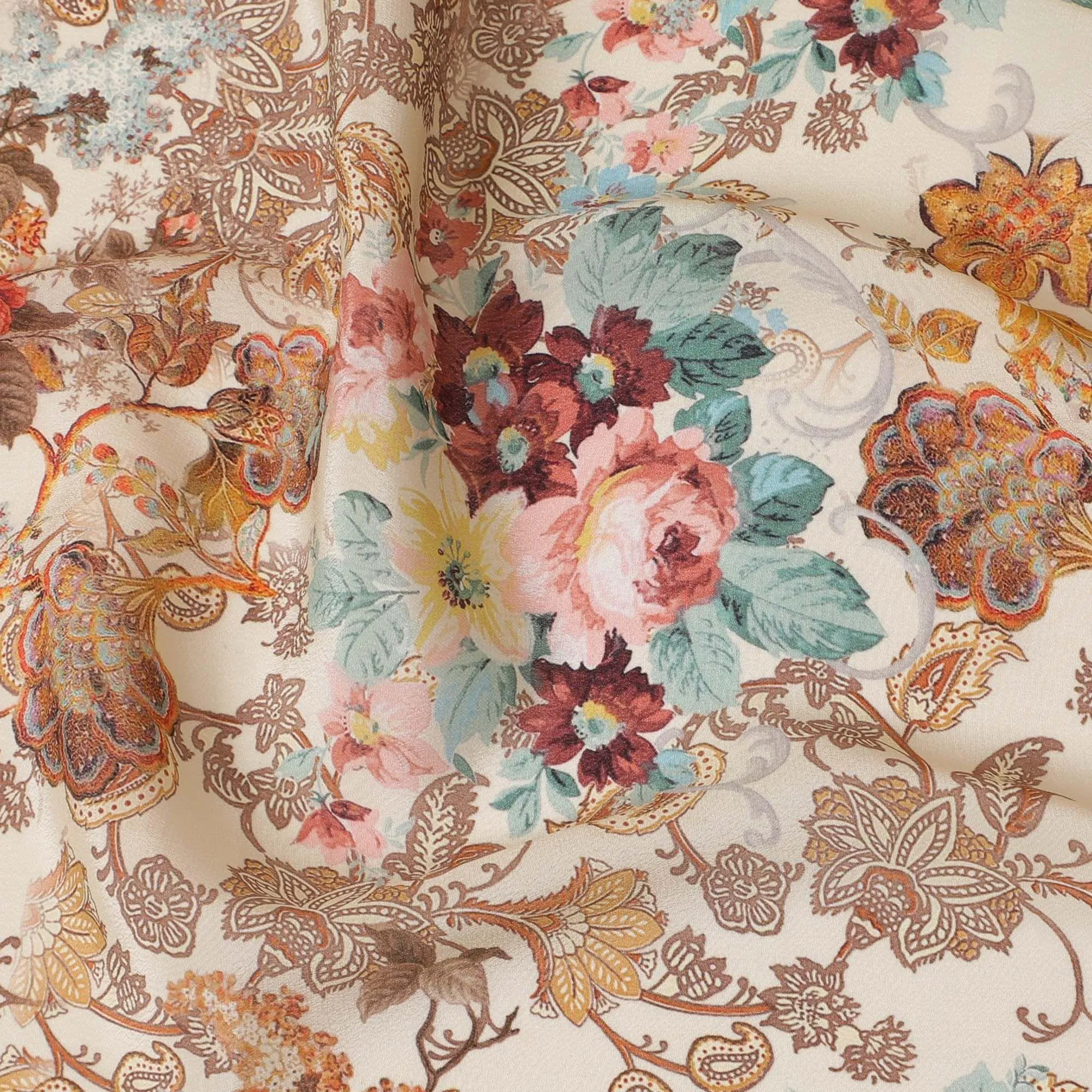 Beige synthetic crepe fabric with multicolor print in floral design-D7629