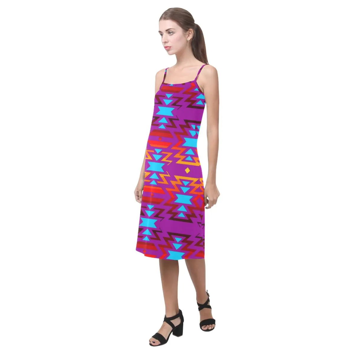 Big Pattern Fire Colors and Sky Moon Shadow Alcestis Slip Dress