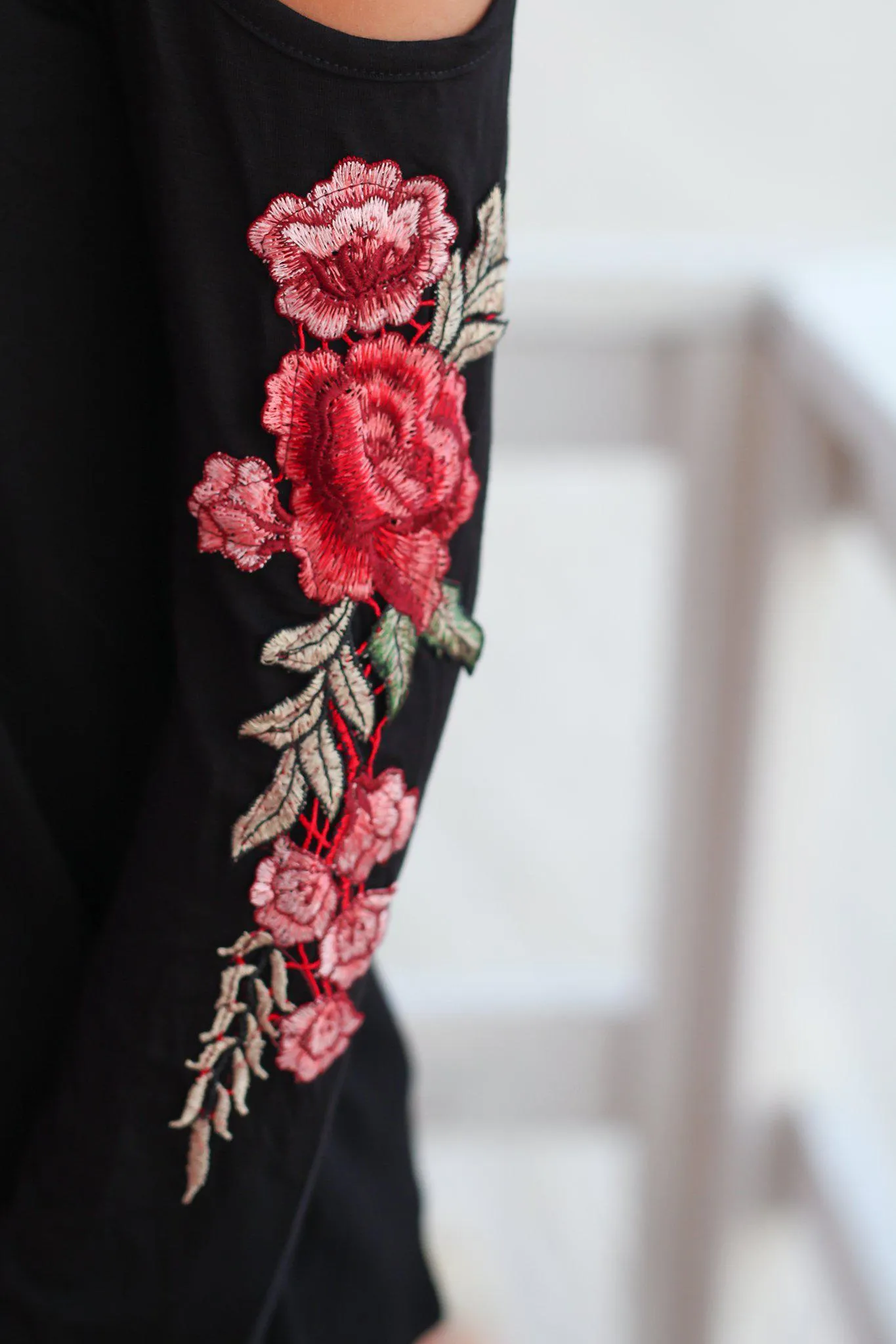 Black Cold Shoulder Top with Rose Embroidery