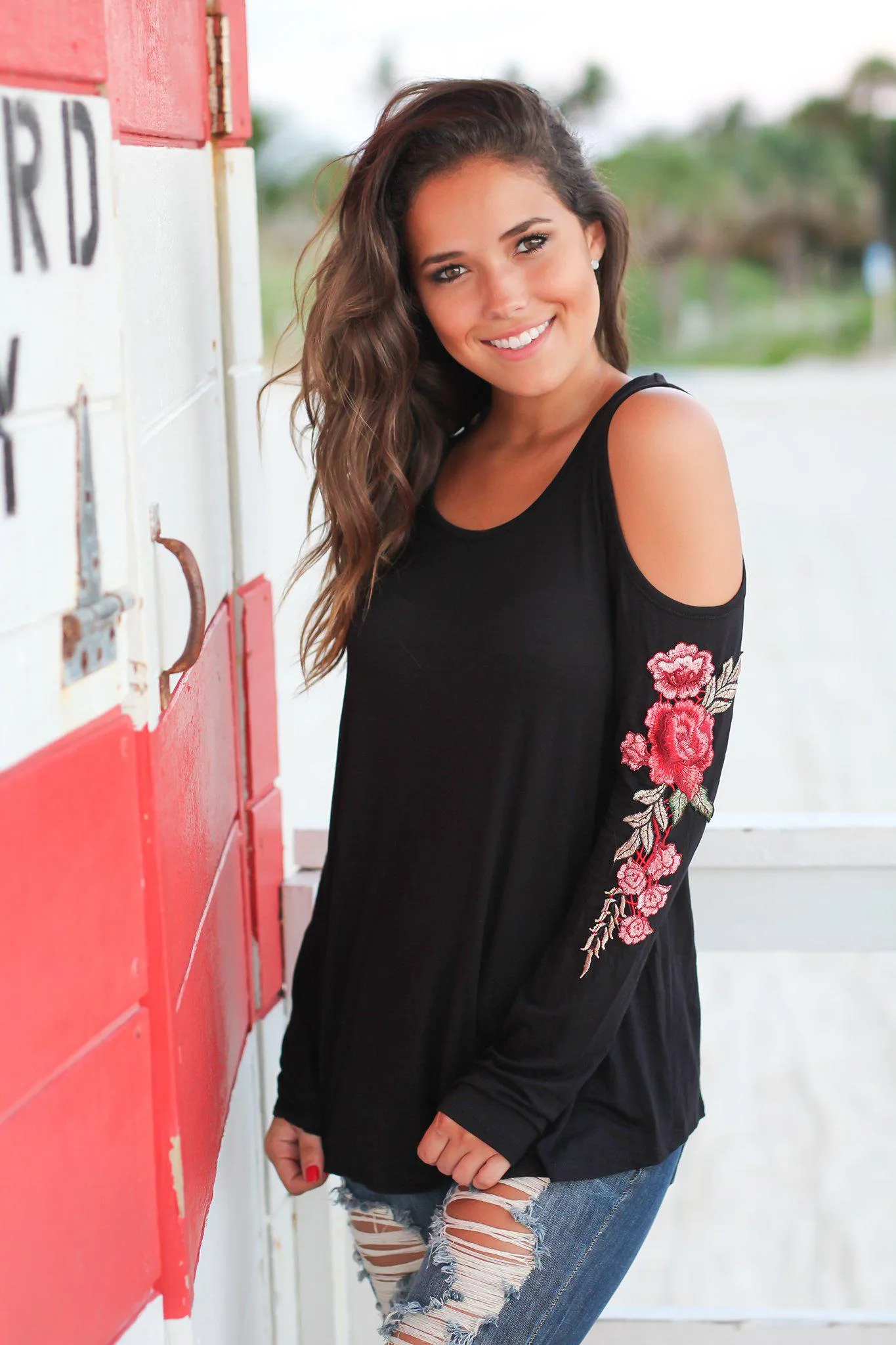 Black Cold Shoulder Top with Rose Embroidery