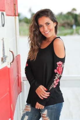 Black Cold Shoulder Top with Rose Embroidery