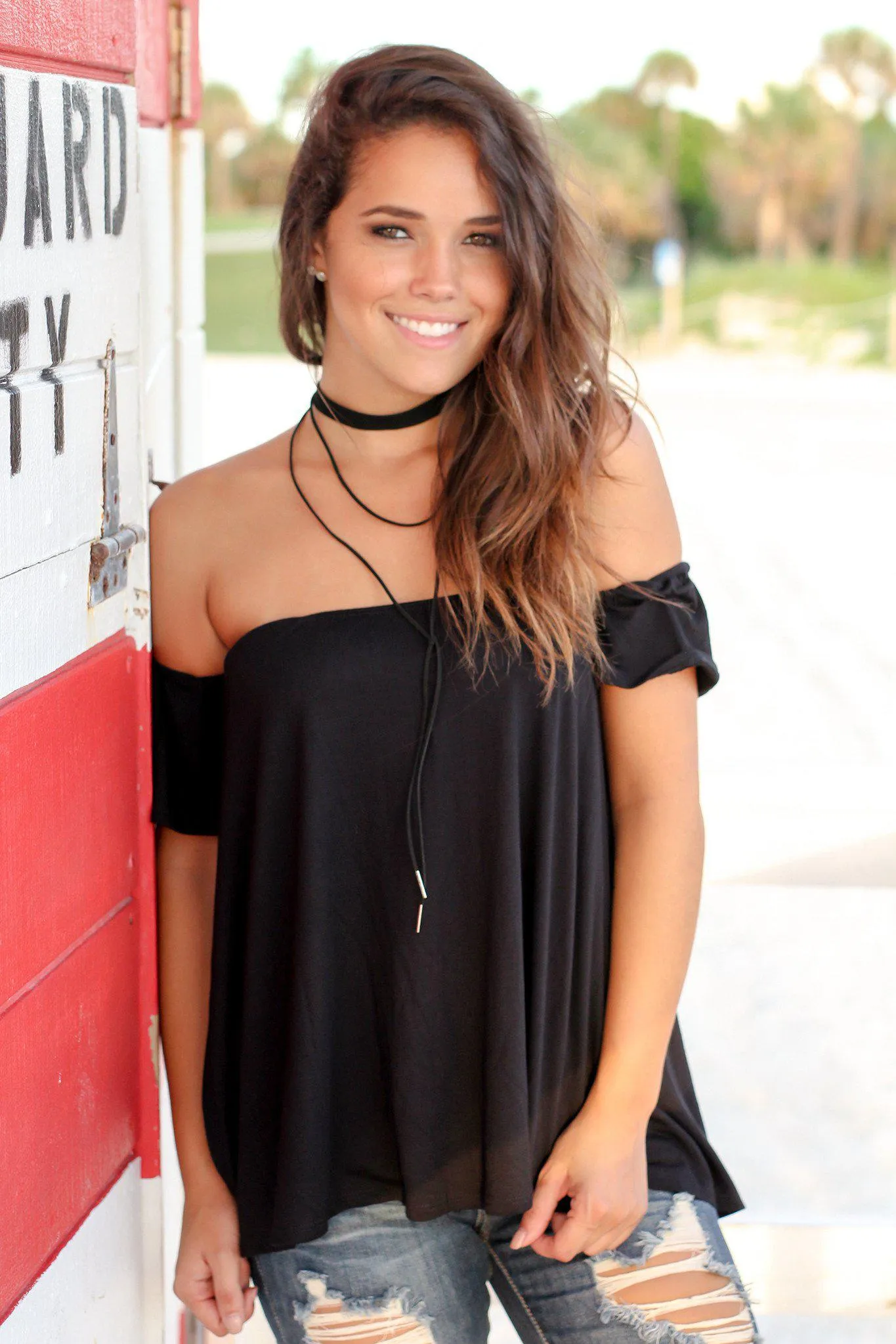 Black Off Shoulder Top with Short Sleeves