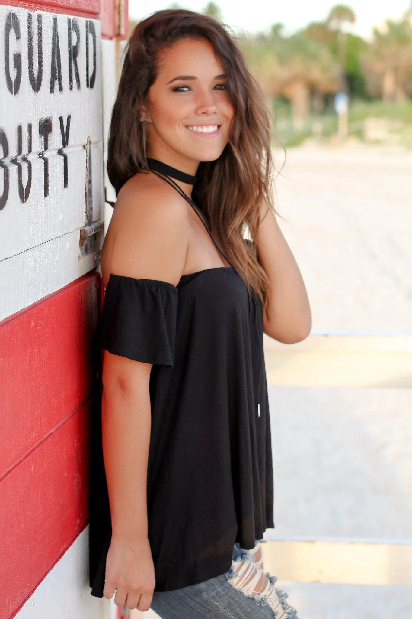 Black Off Shoulder Top with Short Sleeves