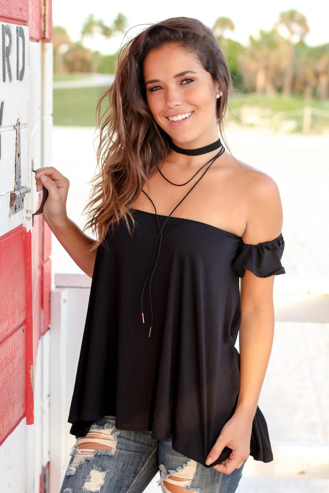 Black Off Shoulder Top with Short Sleeves