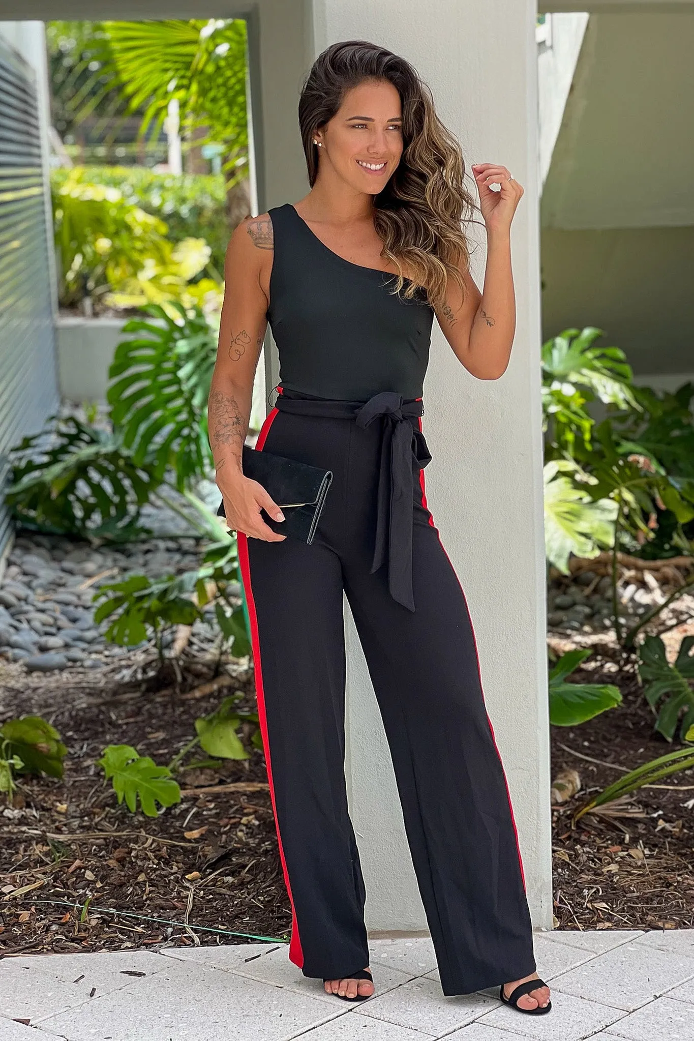 Black One Shoulder Jumpsuit With Tie Belt