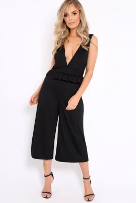 Black Plunge Neck Frill Waist Culottes Jumpsuit - Camille