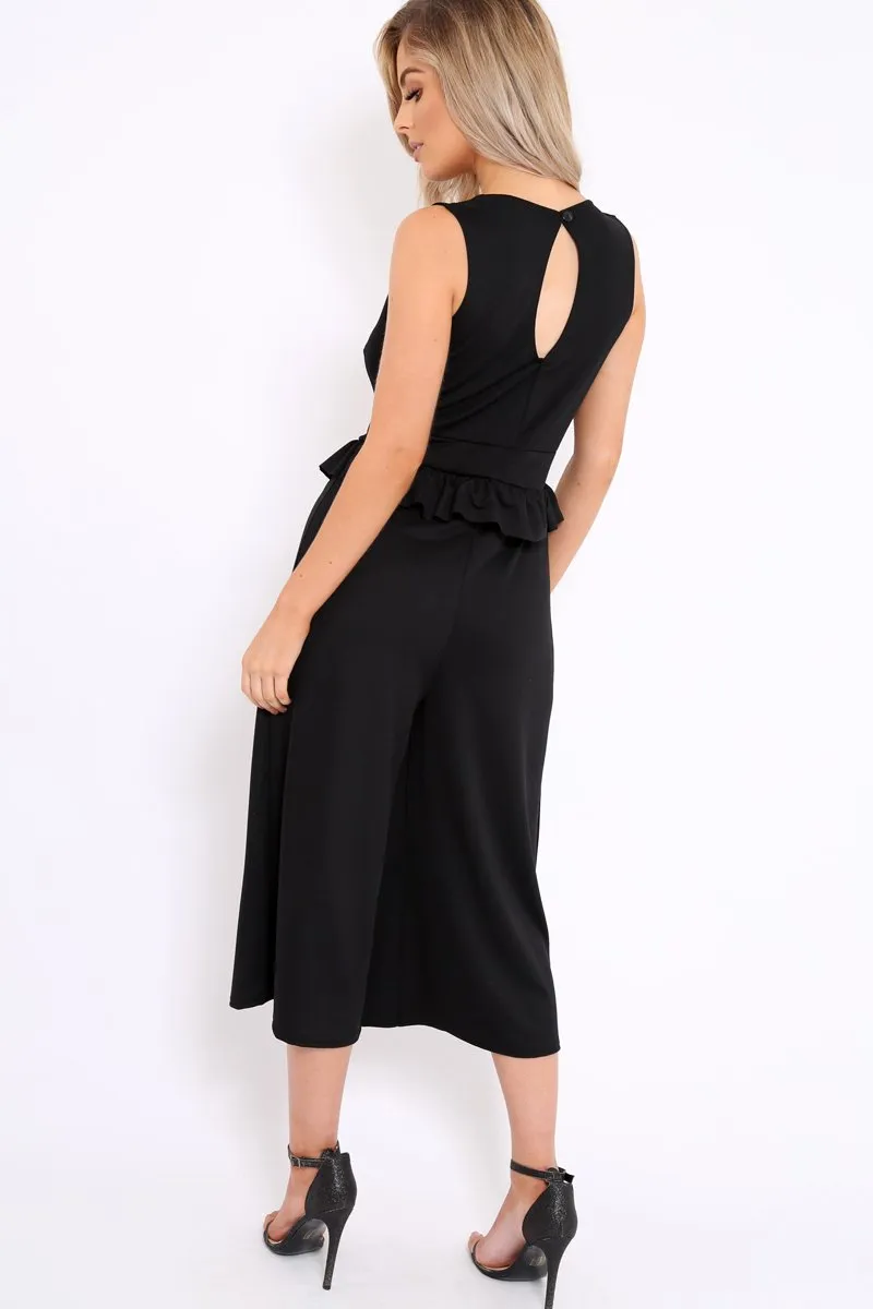 Black Plunge Neck Frill Waist Culottes Jumpsuit - Camille