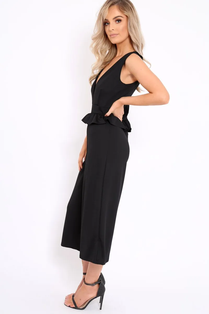 Black Plunge Neck Frill Waist Culottes Jumpsuit - Camille