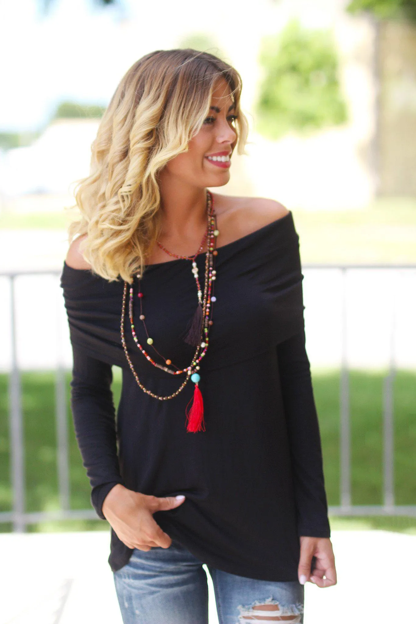 Black Top with Fold Over Off Shoulder