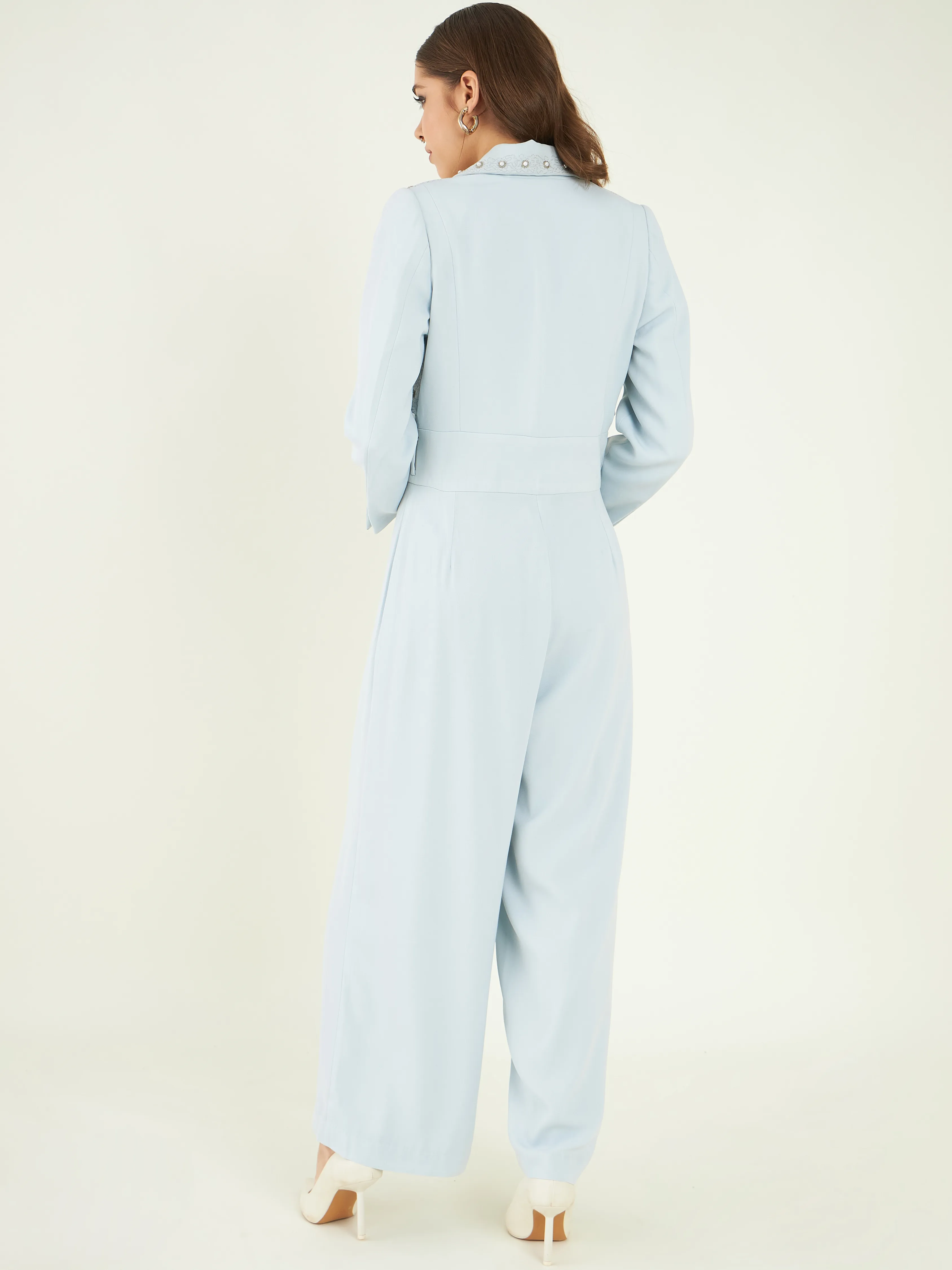 Blue Office Wear Fine Crepe Jumpsuit