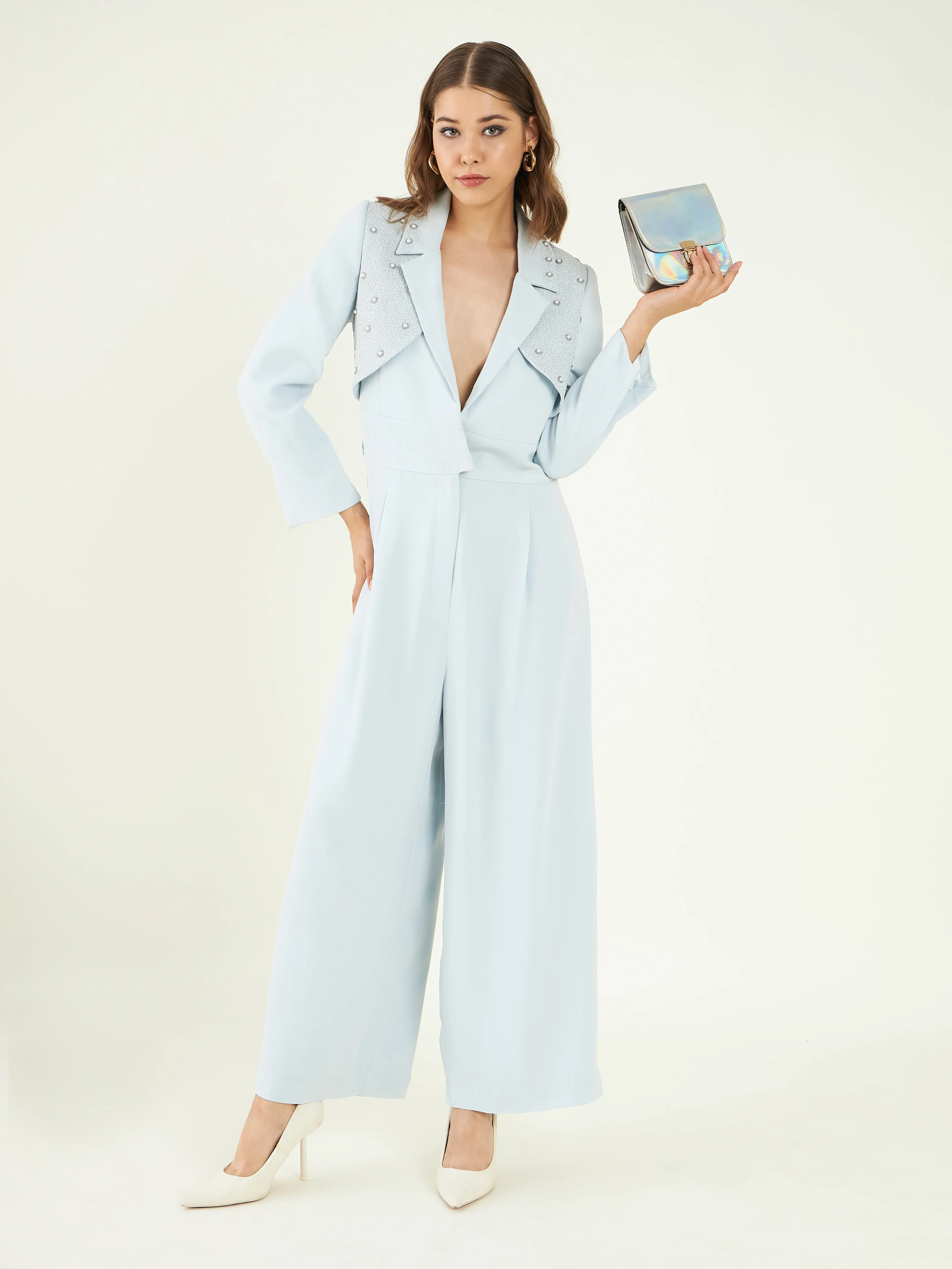 Blue Office Wear Fine Crepe Jumpsuit