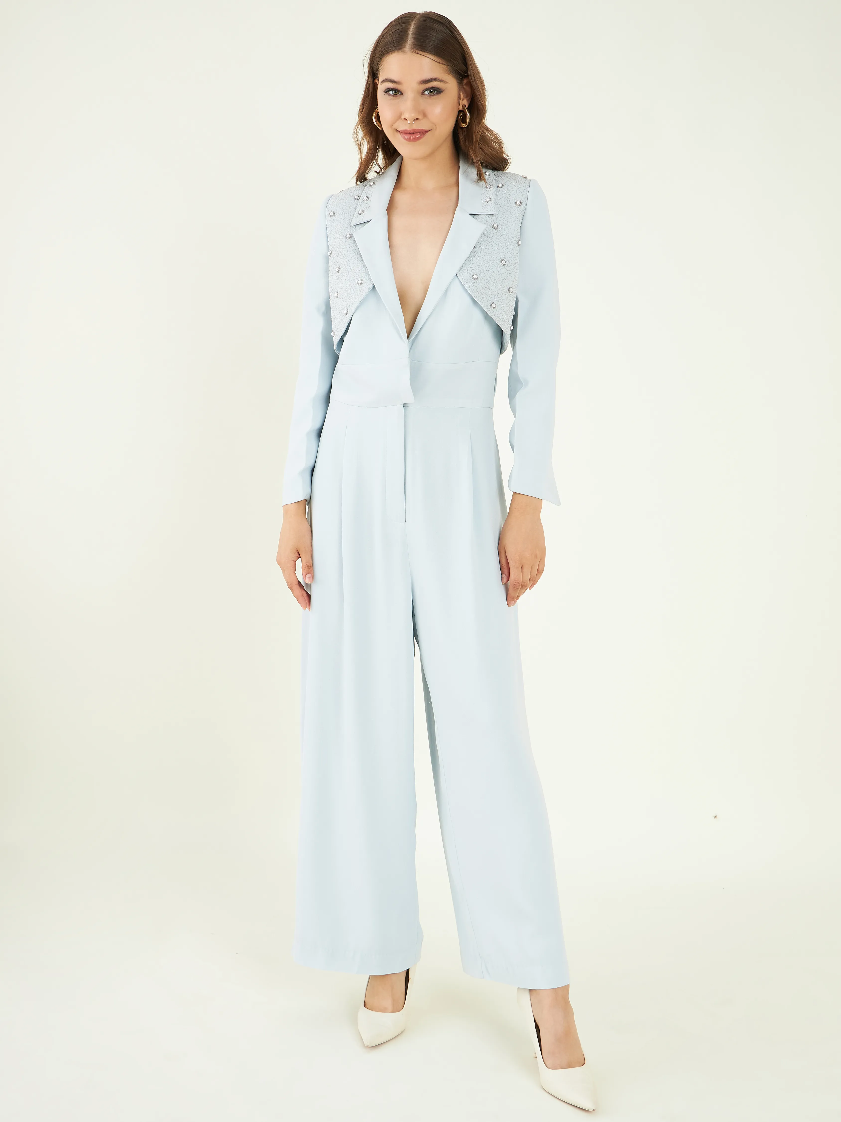 Blue Office Wear Fine Crepe Jumpsuit